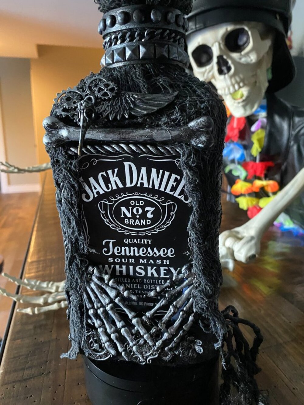 Steampunk, Goth/Skeleton-Style Upcycled Jack Daniels Bottle - Picture 5 of 7